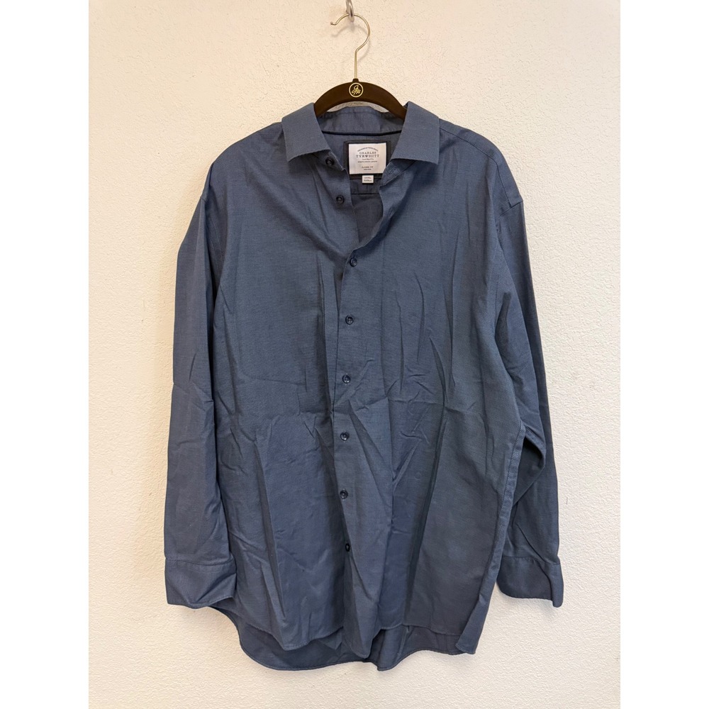 Charles Tyrwhitt Mens 17/34 Classic Fit Non-Iron Cotton Dress Shirt Blue Texture